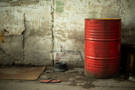 red barrel. industrial zone. fuel tank. Details of territory.の写真素材