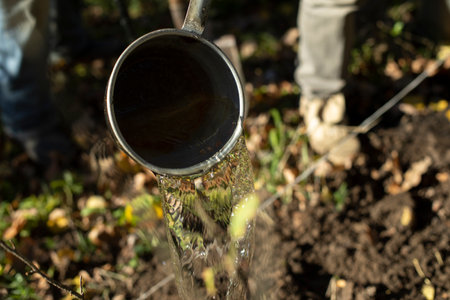 Bucket in the garden. water plants. water tank. Work in garden. Water pours on ground.の写真素材