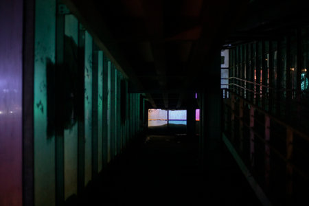 Light at night. Neon glow in tunnel. light through glass. Details of city.の写真素材