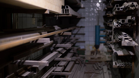 metal in stock. Details of metal workshop premises. Steel profile is on shelves. technical room. production area.の写真素材