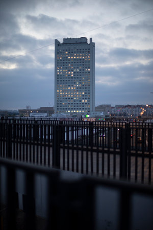 building in the city in the evening. Tall building. city against sky. Ordinary landscape with houses.の写真素材