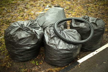 Bags of garbage on street. Black bags. Cleaning in yard. plastic waste bag.の写真素材