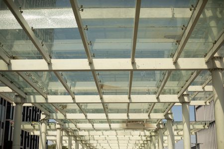 glass ceiling. transparent roof. Details of modern station. steelwork. glass architecture.の写真素材