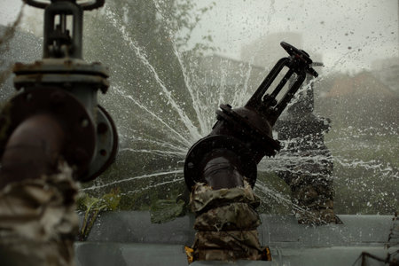pipe accident. water breakthrough. Hot water flow. damage to pipeline. emergency details.の写真素材