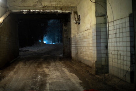 Entrance to industrial zone at night. Road through checkpoint. exit to road. empty driveway.の写真素材