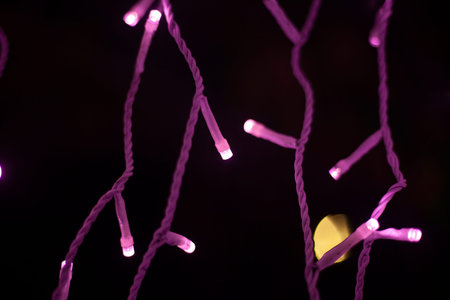 Purple garlands in dark. Light bulbs on black background. Lights glow with electric light. interior...