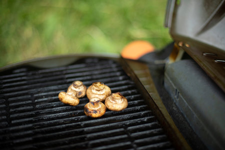 Mushrooms are grilled. Picnic details. Food on steel grate. Cooking in summer.の写真素材