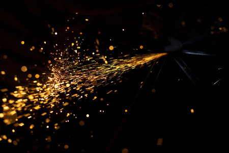 Sparks of yellow color. metal treatment. Lights in dark. Sparks from split grinding disc. Details of work.の写真素材