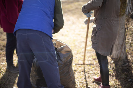Garbage collection in bag. People clean up yard. Harvesting leaves in the park.の写真素材
