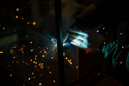 metal welding. Welder's job. steel processing. Creation of seam from metal. high fever. Lights in dark.の写真素材