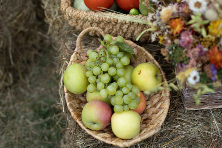 Autumn harvest of fruits and vegetables. Fruits and vegetables in basket. table details. Health...