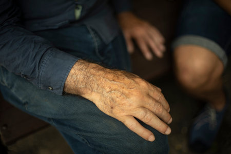 old man hand. hairy hand. hair on skin. Male limb. body details.の写真素材