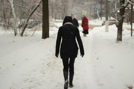 Two women walking in the park on a snowy winter day. Rear view.の写真素材