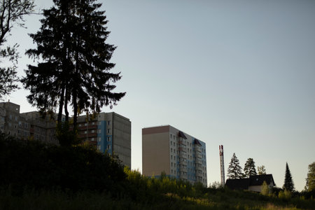 Houses on hill. Residential buildings in rural areas. apartment building. New housing outside city. View of residential area.の写真素材