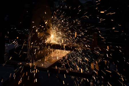 Sparks in dark. cutting steel. industrial equipment. Lights fly in different directions.