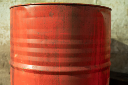 Red barrel for fuel. Oil barrel from stock. steel tank. tin tank.の写真素材