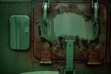 Rust on metal. Field kitchen door. Rust on green paint. old machine in detail. Obsolete military equipment.の写真素材