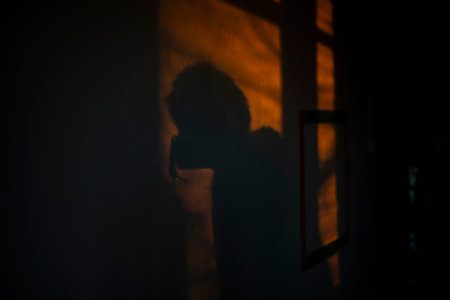 Light on wall in the morning. Dawn interior. Glare of yellow light in house. shadow texture.