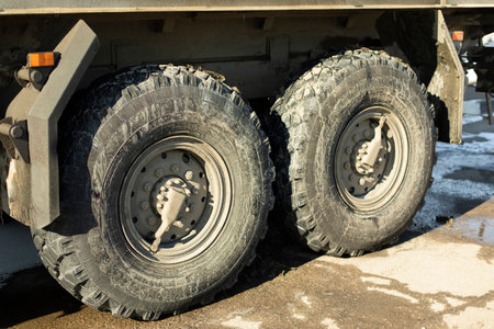 truck wheels. truck parts. Large wheels. Machine for transportation of building material.の写真素材