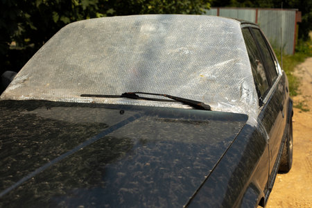 Machine without front window. no glass in car. Broken window in transport. damage to car.の写真素材