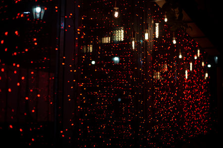 Garland on window. red lights. Texture of small lamps. window details. light sources.の写真素材