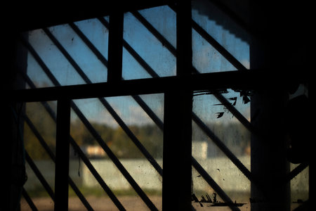 Grill on window. steel grating. old window view. interior details. Dirty glass.の写真素材