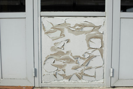 flying paint. Damaged surface of door. Gray paint has aged. Exfoliation of paint layer from surface of wall.の写真素材
