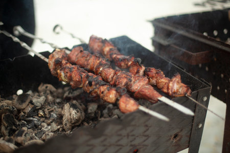 Meat is fried outside. Raw meat planted on blades. Heating food on coals. National cuisine of Caucasian people.の写真素材
