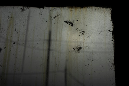 gray glass. Dirt on window. Gray day outside window. Gloomy view in detail.の写真素材