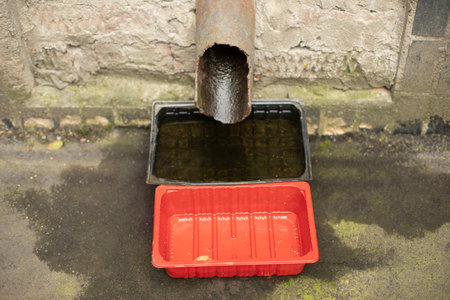 pipe in house. rainwater drain. cat tray. Street water for homeless animals. Old chimney in building.の写真素材
