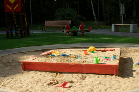 Sandbox for children. children area. Lots of sand and toys. Empty children's playground.の写真素材