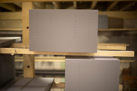 Painting box in gray paint. painting object in workshop. wooden box. Production of furniture from boards.の写真素材