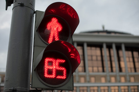 Signal to cross road. Waiting time. Details of urban transport equipment.の写真素材