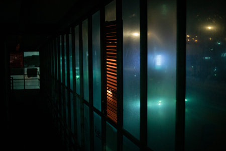 Light at night. Neon glow in tunnel. light through glass. Details of city.