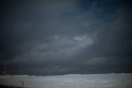 Gray landscape in winter. View of gray clouds. Celestial landscape in Russia.の写真素材
