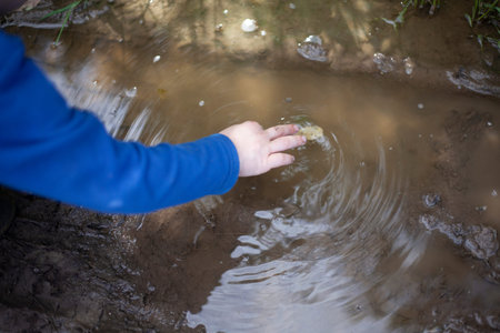 Child pulls dirt out of puddle. Child touches water. boy searches for object in muddy puddle....