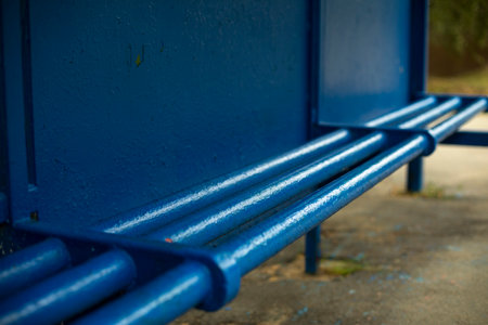 Bus stop in the village. Blue bus stop in summer. transport construction. Blue paint on metal.の写真素材