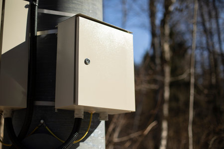 Box of wires. Electrical equipment on the field. Electricity switch.