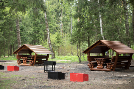 Place in park. House in park for picnic. Place to relax in nature.の写真素材