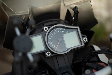 motorcycle speedometer. speed measurement. Details of bike. Transport in parking lot.の写真素材