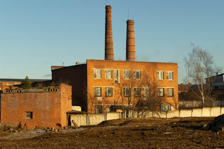 brick factory. Pipes of plant. Building is made of brick. industrial zone.の写真素材