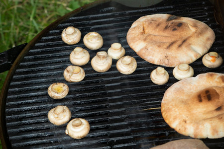 Grilled food. Gas grill on picnic. Details of picnic in nature. Mesh for frying food on fire. outdoor kitchen.の写真素材