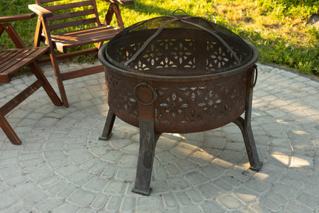 Grill for cooking meat. Steel grill. Picnic area. street kitchen. Brazier for eating.の写真素材
