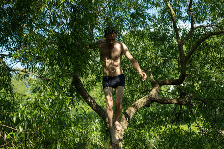 Guy in shade of plants without clothes. man in summer.の写真素材