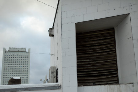 Ventilation hole in building. Air duct in wall. Mine for air purification.の写真素材