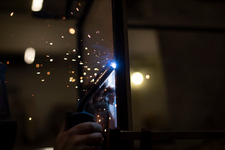 Welding work. Sparks from welding metal. production details. Creating seed.の写真素材