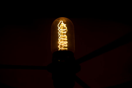 Incandescent lamp in dark. Light inside. hot wire. glassflask. vintage lamp.の写真素材