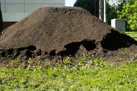 Pile of earth. Soil for garden. Soil for planting plants. Slide of garden material.の写真素材