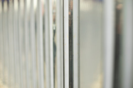 Steel fence detail. Fence made of metal profile. Durable material to protect against prying eyes. Private territory.の写真素材