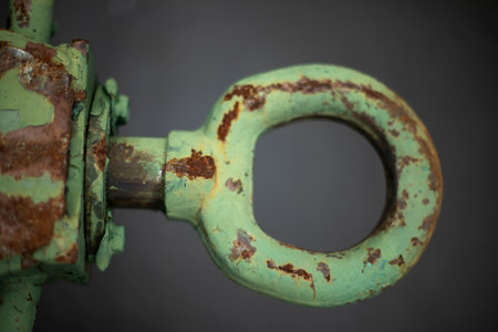 Steel ring for car trailer. Rusty holder on body. cable bracket. Place for hook. Details of military equipment.の写真素材